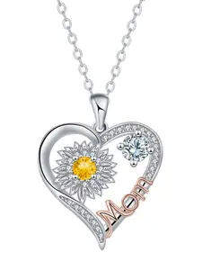 Elegant Sunflower Mom Gemstone Love Heart Necklace, Silver Color Stainless Steel Chain, Casual Style Jewelry for All Seasons, Perfect Gift for Mom