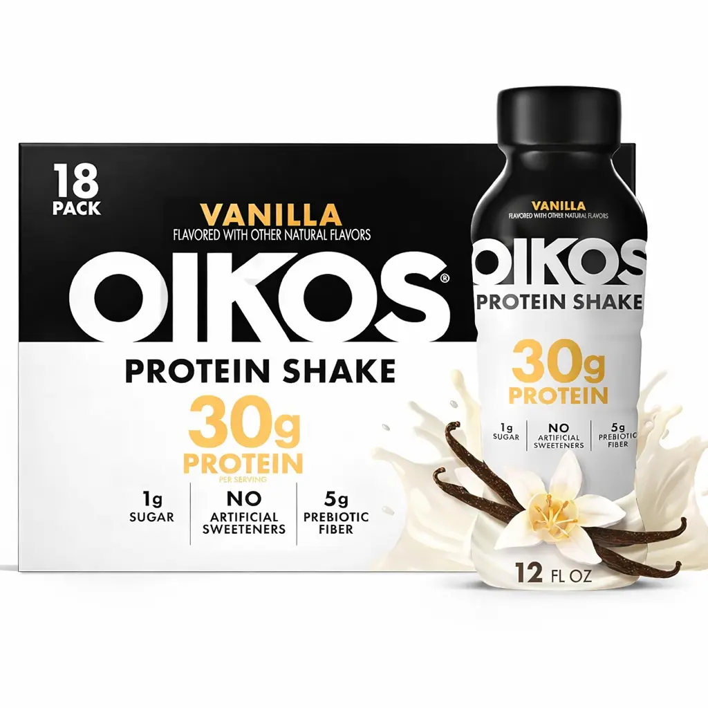 Oikos Vanilla Protein Shake, 30g High Protein Ambient Beverage, 12 fl oz Bottle (18 Count), Shelf Stable Ready-to-Drink, 5g Prebiotic Fiber, Low Sugar, Vitamin-Infused