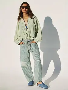 Women Striped Patchwork Pants Drawstring Barrel Pant Wide Leg Streetwear Y2k Trousers with Pockets