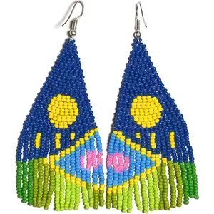 Long Beaded Dangle Earrings - Boho   Seed Bead Tassel Earrings, Bohemian Large Statement Beaded Drop Fringe Earrings for Women