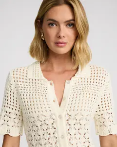 Express Open Stitch Crochet Short Sleeve Sweater Polo