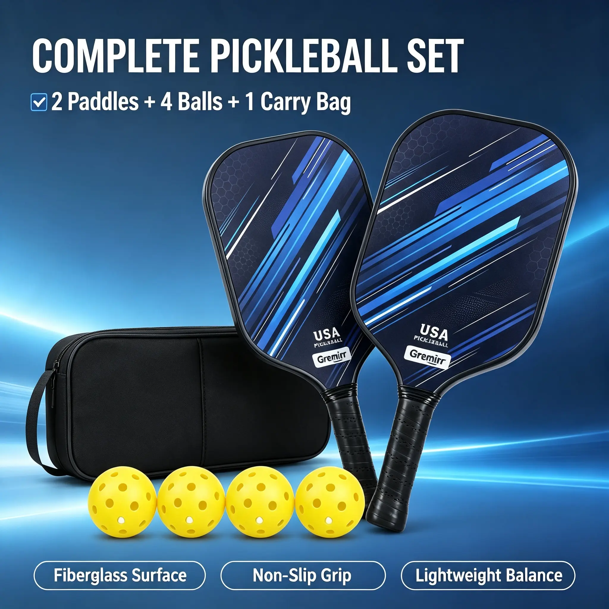 Gremirr Black Pickleball Paddles Set of 2, Fiberglass Pickleball Rackets with 4 Balls & Carry Bag, Pickleball Set for Beginners Outdoor Playblack pickleball set, black pickleball paddles, fiberglass pickleball paddle, pickleball rackets