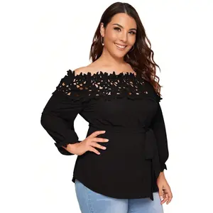 Women's Plus-Size Floral Lace Off-The-Shoulder Long-Sleeve Belted Blouse Top