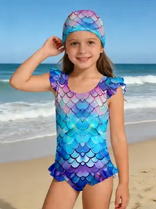 Cartoon Mermaid Kids Swimsuit, Sleeveless Ruffle Design, Girls Quick Dry Breathable Swimwear, Casual Fitted H-Type Silhouette