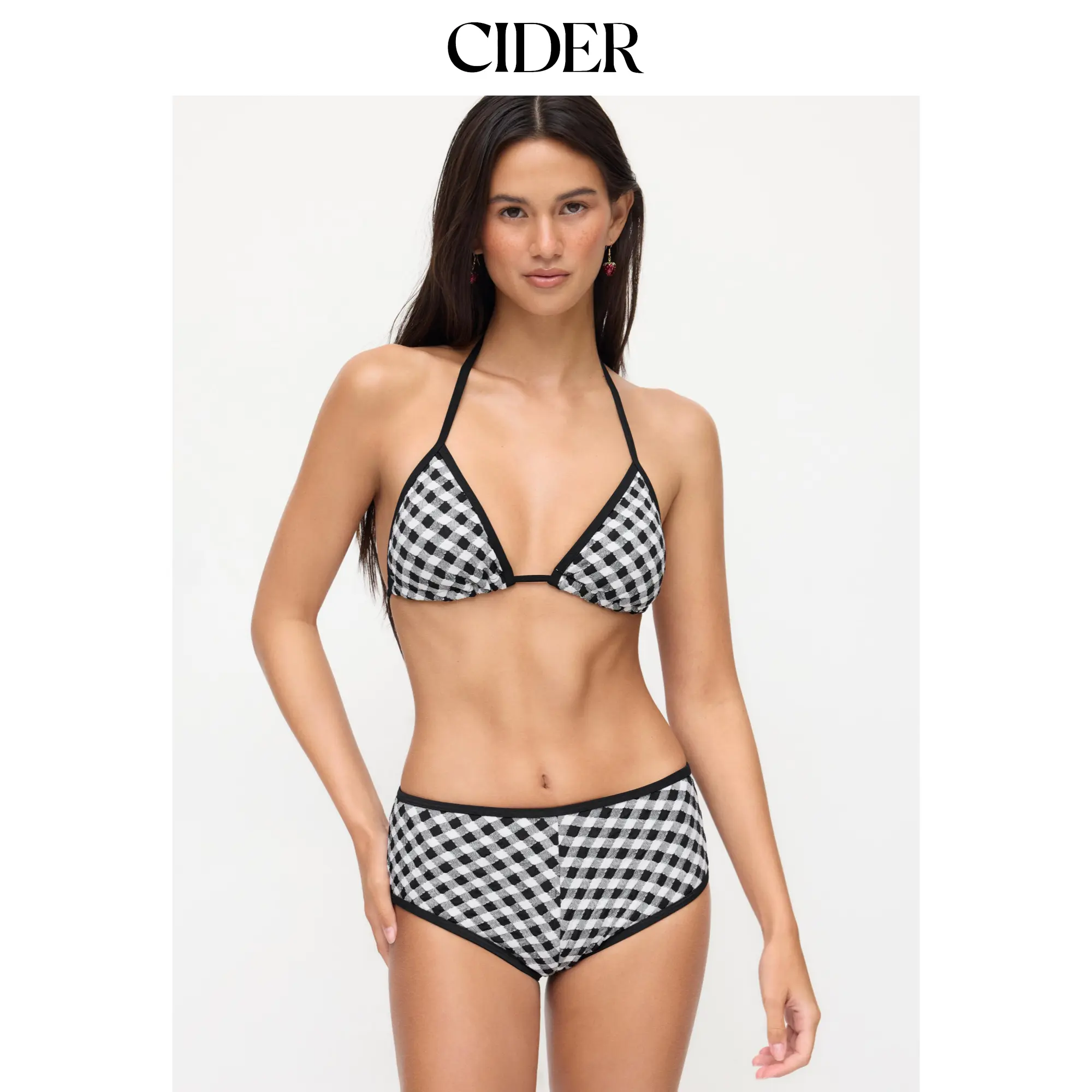Cider High Stretch Halter Neck Checks Triangle Top & Low Rise Contrasting Binding Shorts Bikini Set