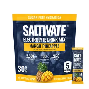 SALTIVATE Electrolyte Drink Mix - Mango Pineapple Flavor, 800mg Sodium, 240mg Potassium, 50mg Magnesium, 0 Sugar, 5 Calorie, Keto & Fasting Friendly, 30 Sticks