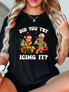 Women's Funny Christmas Nurse T-Shirt, 'Did You Try Icing It?' Gingerbread Graphic, Casual 100% Cotton Short Sleeve Everyday Top, Fabric
