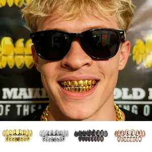 European/American hip-hop tooth caps — 8 for upper teeth, 8 for lower teeth; genuine gold electroplating in 18K gold.
