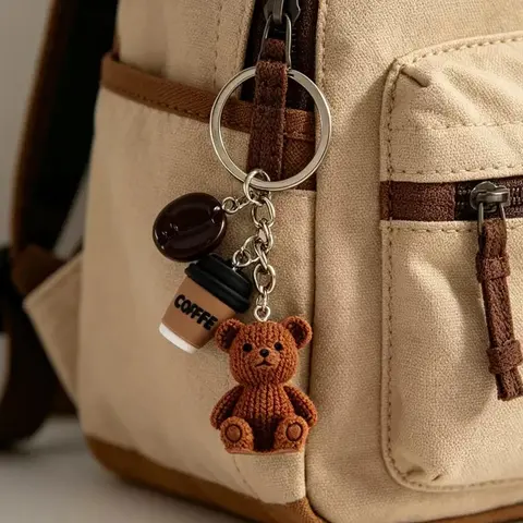 1pc Cute Teddy Bear Coffee Charm Keychain Kawaii, Featuring a Metal Ring Closure, Perfect for Birthdays, Gifts for Coffee Lovers, Bag and Notebook Decorations, Accessory for Women, Funny Design, Purse Accessories, Purse Charms