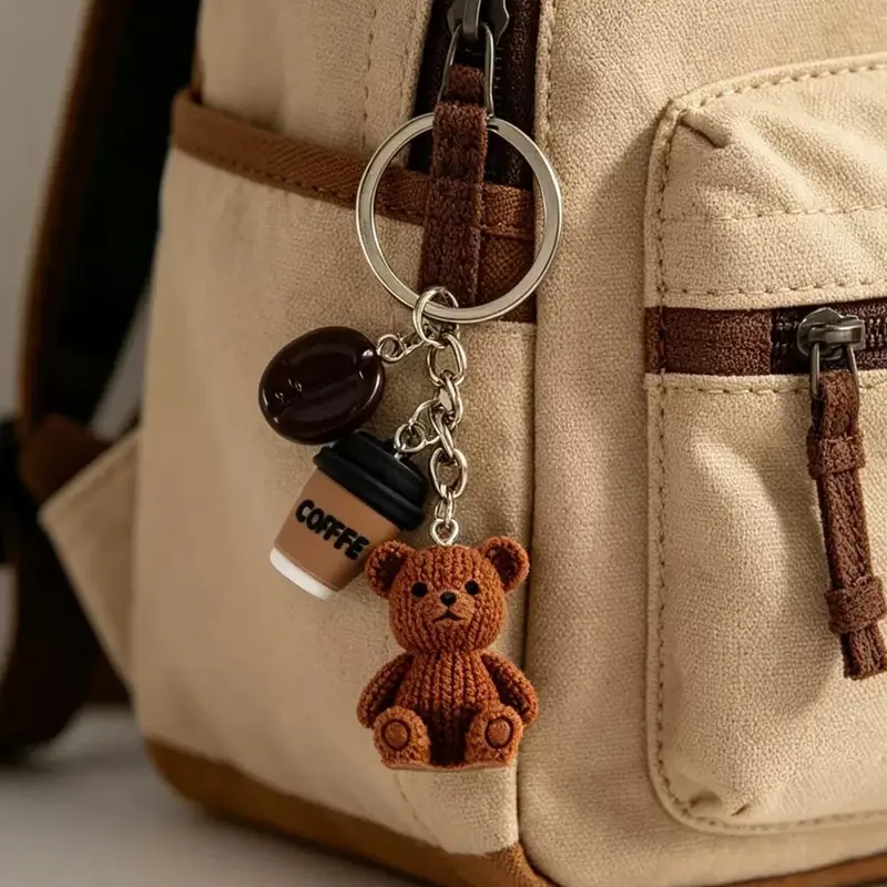 1pc Cute Teddy Bear Coffee Charm Keychain Kawaii, Featuring a Metal Ring Closure, Perfect for Birthdays, Gifts for Coffee Lovers, Bag and Notebook Decorations, Accessory for Women, Funny Design, Purse Accessories, Purse Charms