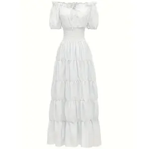 Solid Color Off Shoulder Dress, Vintage Ruffle Trim Short Sleeve Long Length Dress For Spring & Summer, Women's Clothing