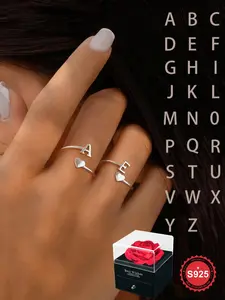S925 Sterling Silver Simple Initial Letter Design Adjustable Initial Rings, Fashion Accessories for Women & Girls, Trendy All-match & Exquisite Jewelry for Birthday Gift
