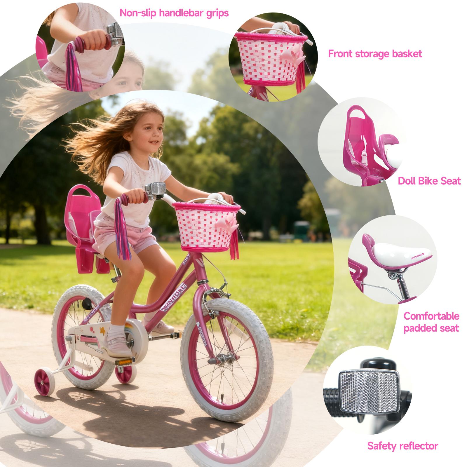 WinHope Little Fairy Children's Bicycle Ages 2–9 | 12–18 inch with training wheels, front basket, doll seat, handlebar ribbon | 95% preassembled, dual brakes, adjustable seat/handlebar
