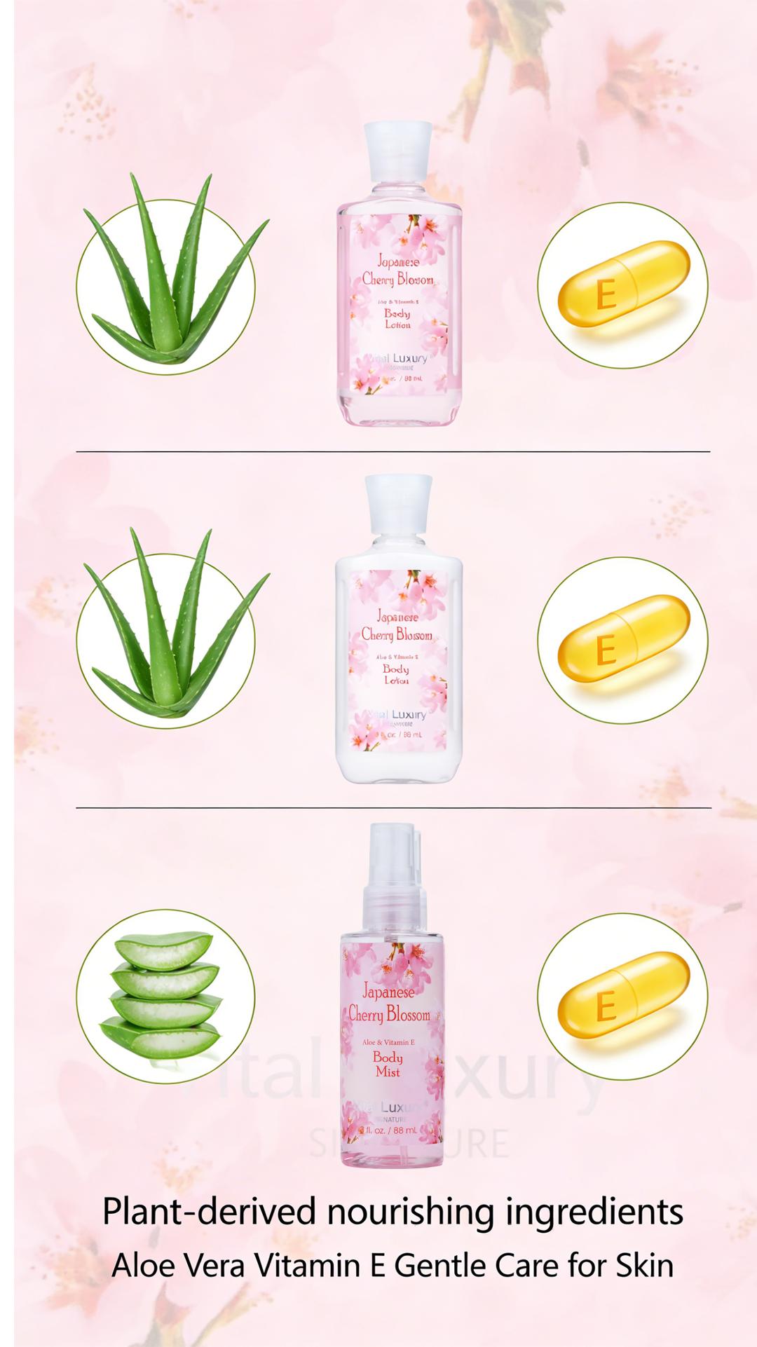 Japanese Cherry Blossom Bath & Body Travel Set – 3oz Shower Gel, 3oz Body Lotion, 3oz Body Mist & 2.5oz Bath Salts | Silky Lather, All-Day Fresh Scent, Moisturizing & Revitalizing | Ideal Gift for Mom, Wife, Sister & Girlfriend