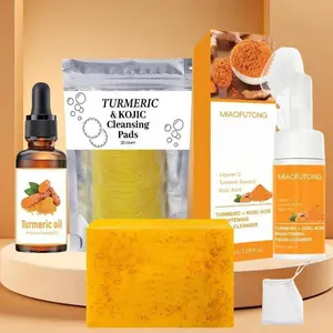 5-Piece Turmeric Cleansing Set - Glow Nourish Turmeric Soap, Exfoliating Pad, Foaming Face Wash, Cleanser & Oil, Deep Cleansing Facial Skincare Kit for Camping, Outdoor Adventures and Travel Hygiene.