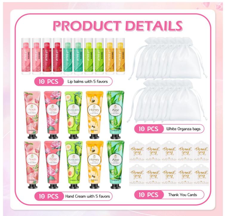 20 Pack Bulk Gifts, Lip Balm Bulk and Hand Cream Gift Set With Organza Bag Thank You Card,Thank You Gift,Bridal Wedding Favors & Baby Shower Wedding Gifts For Guests, Christmas Gift Stocking Stuffers