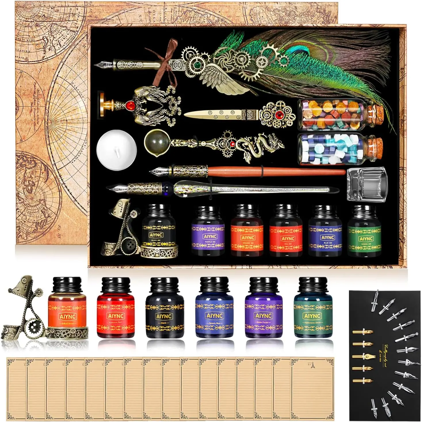 Quill Pen and Ink Set, Feather Pen Ink Set, Wax Seal Stamp Kit, Calligraphy Set, Valentine's Day Gifts for Writing Lovers Birthday Gifts, Ideal Calligraphy Gifts for Holidays(Peacock Feather)