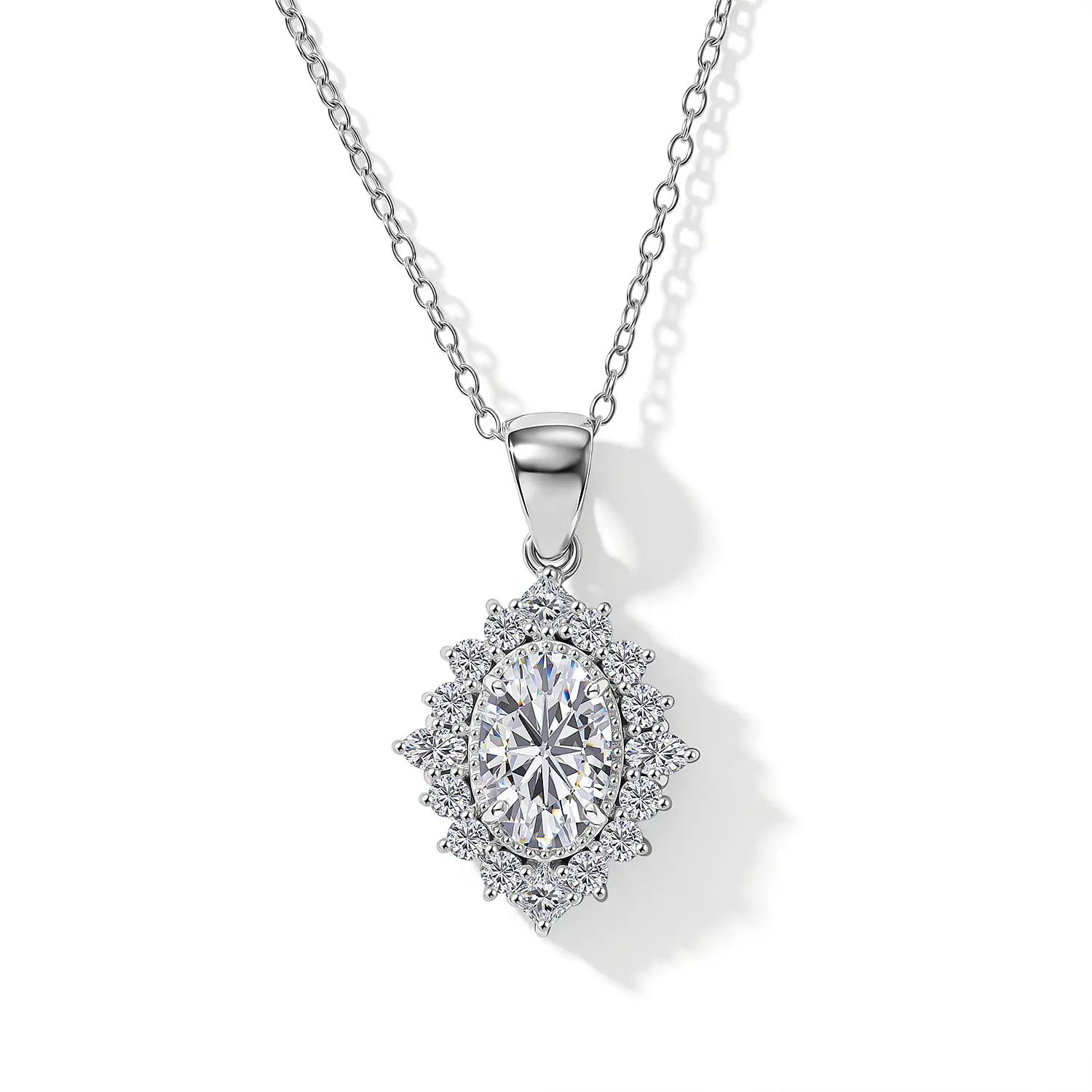 D'Joy Moissanite (Ovl 9x6mm) Sunburst Pendant Necklace (18 Inches) in Rhodium Over Sterling Silver 2.20 ctw