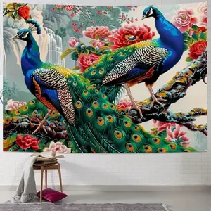 Peacock Tapestry Beautiful Bird and Peony Flower Wall Art Home Living Room Bedroom Backdrop Dormitory Bedside Cloth Hanging Decor Accessories