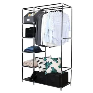 64" Portable Closet Storage Organizer Wardrobe Clothes Rack with Shelves Black