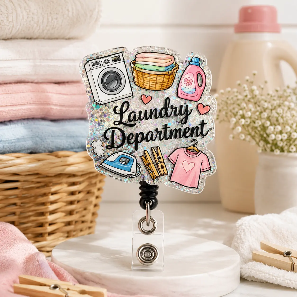 Laundry Department Badge Reel with Glitter Design Retractable ID Badge Holder for Hotel Laundry Staff Housekeepers Laundromat Workers and Linen Attendants