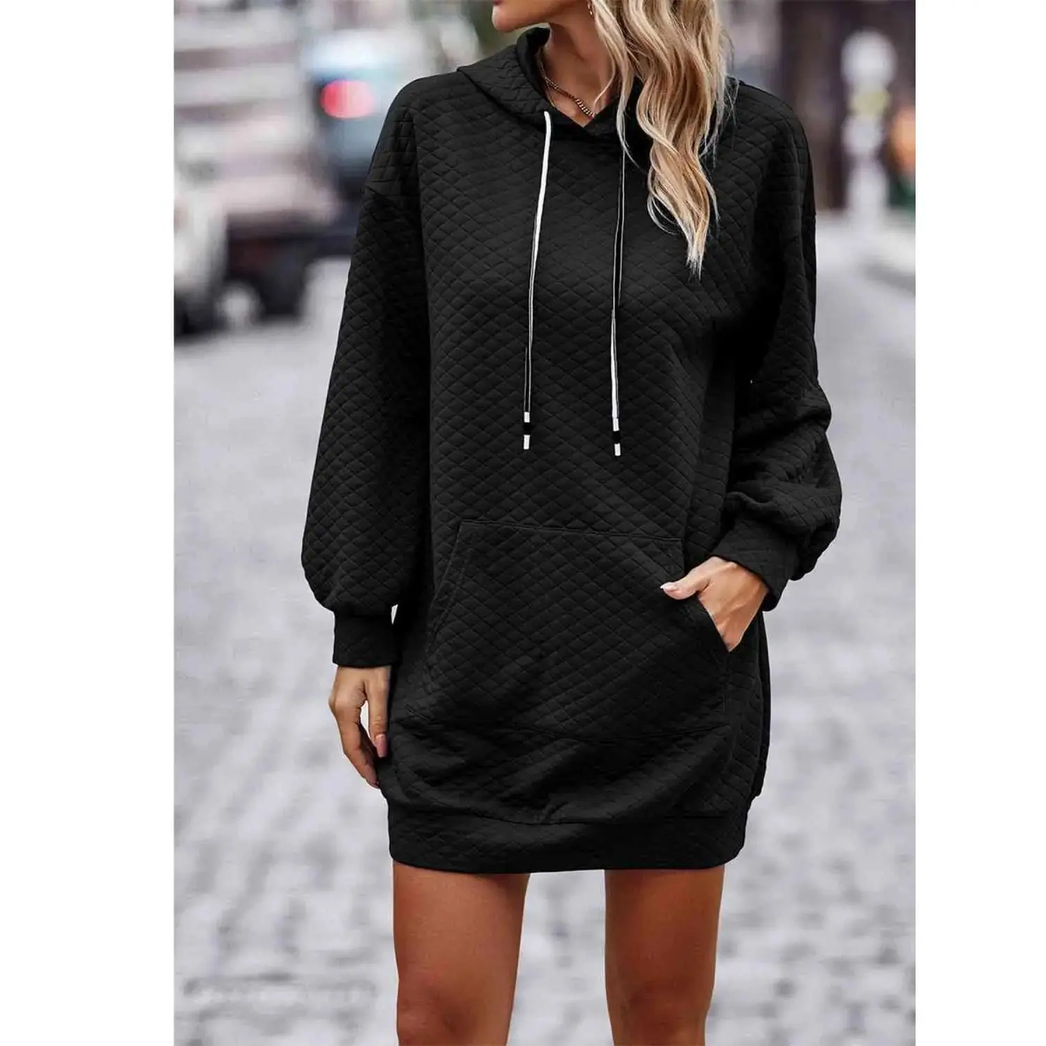 Textured Drawstring Tunic Hoodie