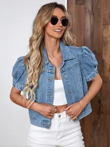 Women's Vintage Bubble Sleeve Denim Jacket, Summer Thin High Waist Crop Top, Basic Casual Fashionable Short Jean Coat for Women