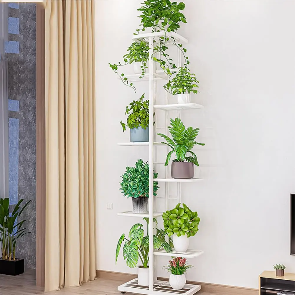 Garvee 8-Level Metal Plant Stand and Treppiedi 141 cm Metal Plant Stand, Dark Gray, Suitable for Indoor and Outdoor Use, Ideal for Displaying Multiple Flower Pots in Garden, Balcony, Living Room, and Patio