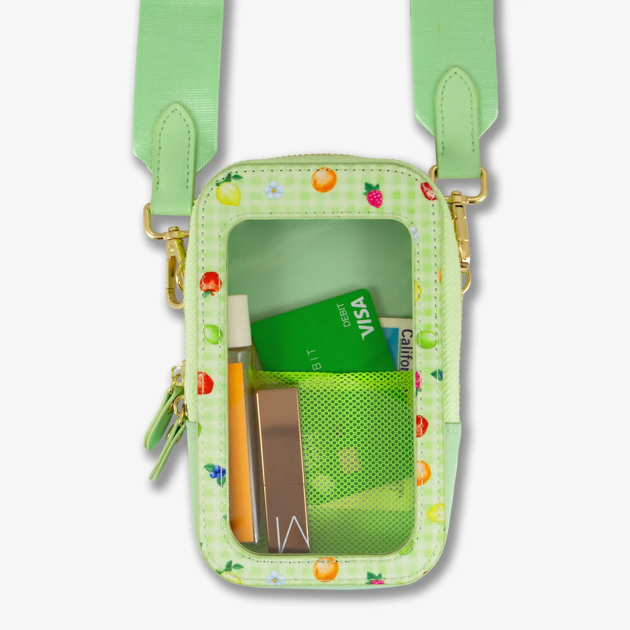 Women's Cute Rainbow Bag, Cheerful Fruit & Flower Print Crossbody Phone Pouch on Light Green Gingham