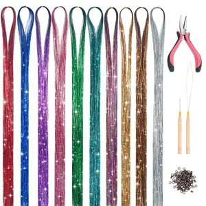 Hair Tinsel Kit 10 Colors 2000 Strands Glitter Extensions Microlink Plier Tool 38inch Fairy For Women Christmas Year Daily Party