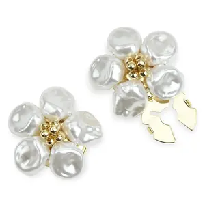 Baroque Imitation Pearl Button Covers, 18K Gold Plated Brass, Flower Design for Wedding and Business Shirts