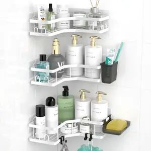 3 Pack Adhesive Corner Shower Caddy, Organizer Shelves, No Drilling ,Large Capacity,Rustproof Stainless Steel Shower Storage Rack with Hooks&Toothpaste Holder for Bathroom, Dorm and Kitchen Box Metal