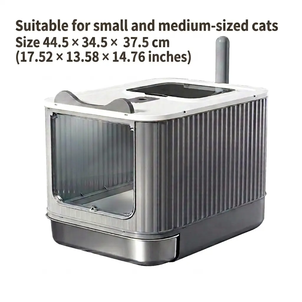 Fully Enclosed Drawer Stainless Steel Litter Box for Small-Medium Cats Up to 15lbs, Steel+Plastic Build (Stainless Steel Base), Easy Clean, Odor Lock Design, 44.5cm×34.5cm×37.5cm (17.52in×13.58in×14.76in) Affordable Pet Supply flip-top lid