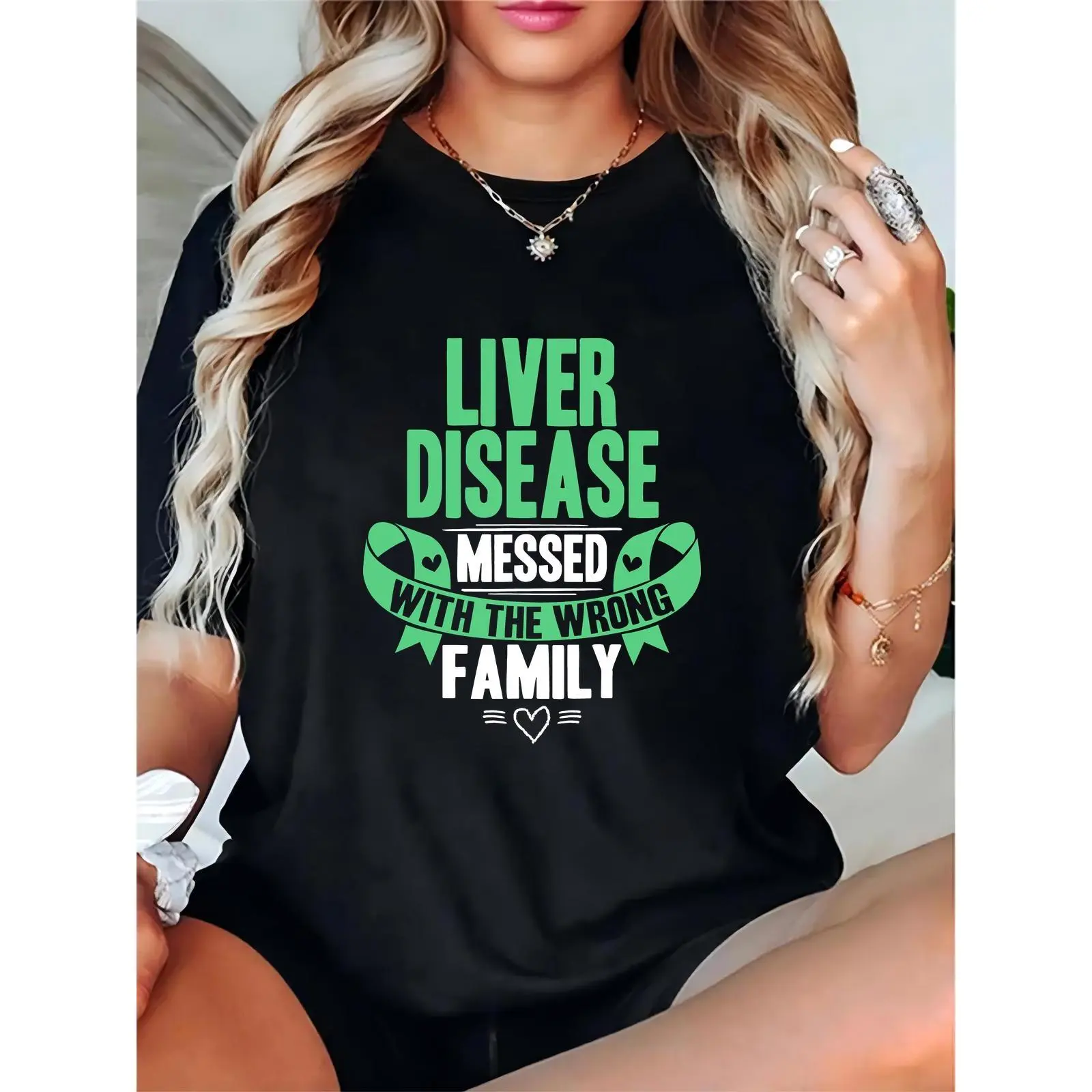 Women's Liver Disease Awareness T-Shirt with Green Ribbon & "Messed With Wrong Family" Slogan | Casual Wear for Daily, Support Events, Family Advocates