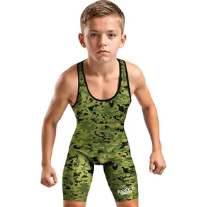 Exxact Sports Camouflage Youth Wrestling Singlet For Boys, Premium Powerlifting Singlet, Kids Wrestling Singlets (Green Camo)