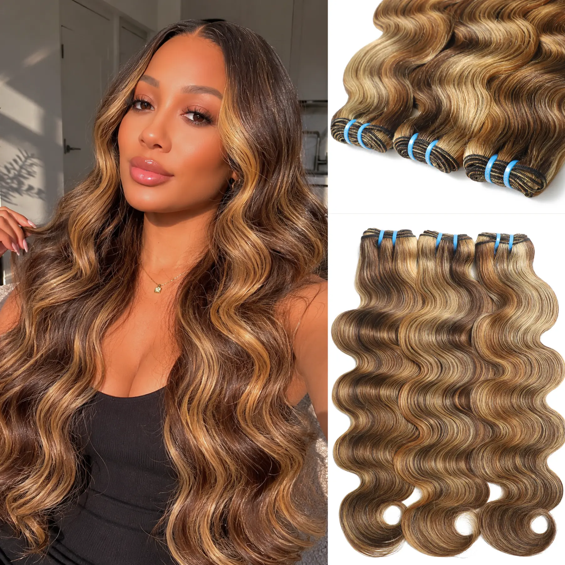 LUCKSTAR Highlight Human Hair Bundles Honey Blonde 4/27/30 Ombre Hair Wefts Extensions 100% Real Vietnamese Human Hair Soft Silky No Tangle Perfect for Sew In & Quick Wave backtoschool