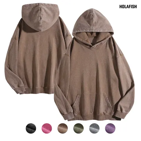 Holafish Women's Vintage Acid Wash Hoodie Pullover, Oversized Loose-Fit Winter Long-Sleeve Comfortable Cotton Fleece Jacket with Stretchy Pocket, Minimalist Party Wear