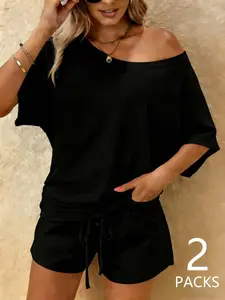 2Pcs Women Off Shoulder Loungewear Set, Knit Top + Woven Shorts, Loose Short Sleeve Drawstring Pajamas, Soft Comfortable Home Wear For Pear Shaped Body, Casual Daily Street Outfit
