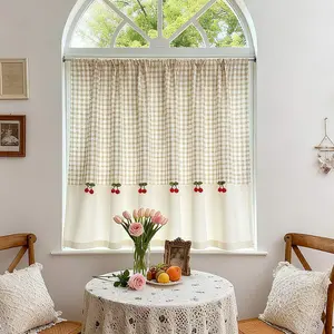 1 PC Khaki and Beige Vintage Plaid Kitchen Curtain Valance for Small Window Farmhouse Half Window Curtains Cherry Pom Poms Valance Curtain Rustic Short Tier Cafe Curtain Rod Pocket