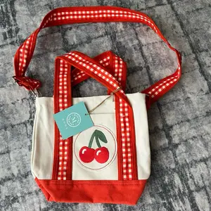 Cherry-themed Bolsito with Red Gingham Strap and White Canvas Body