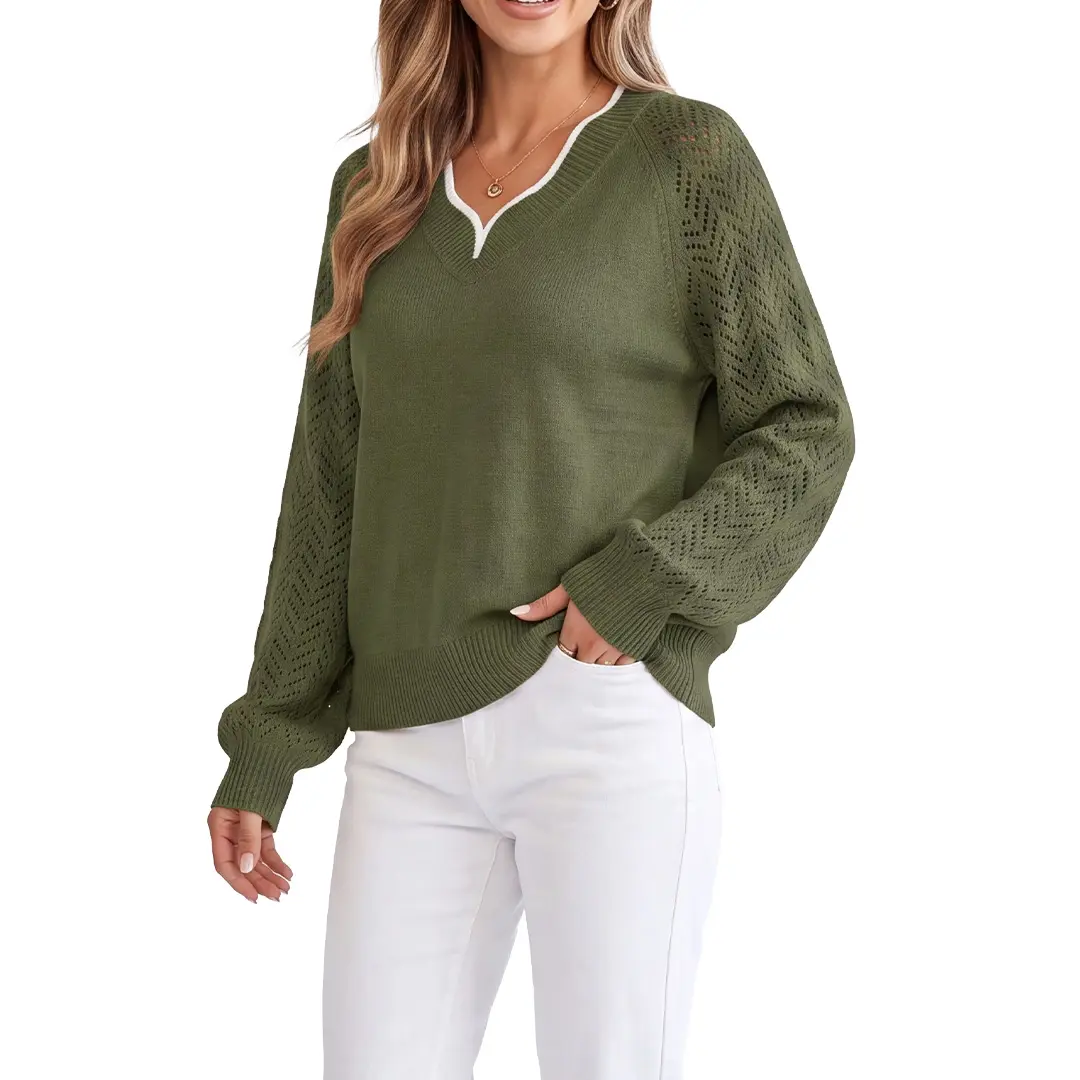 Shewin Women's Minimalist Solid Contrast Trim V-Neck Cutout Raglan Long-Sleeve Loose Regular-Length Casual Knit Pullover Sweater, Ribbed Polyester-Viscose Fabric, Knitwear, Lightweight