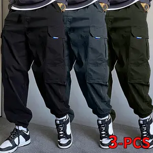 Men’s 3-pack street-style cargo jogger pants, loose fit with multiple pockets and elastic cuffs, elastic waistband with drawstring, durable and breathable casual work hiking pants