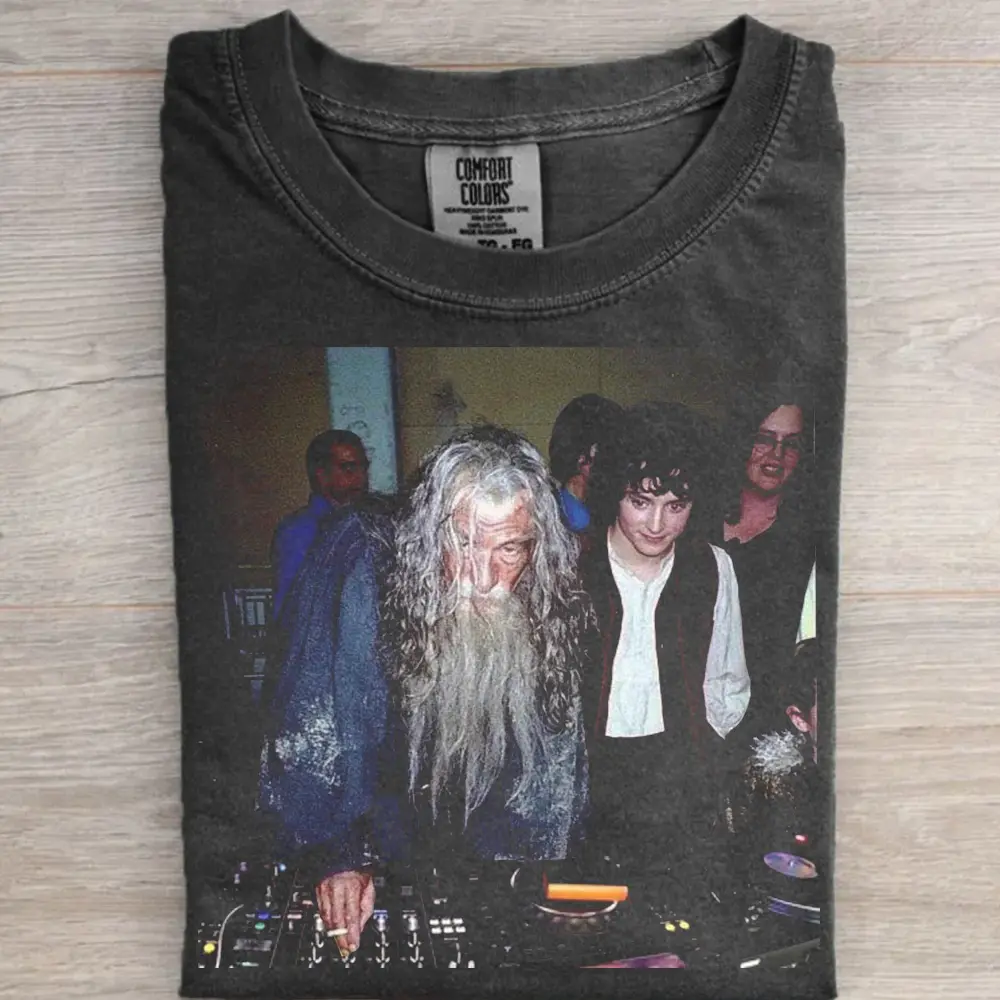 Comfort Colors Gandalf the DJ Graphic Tee, Lord of the Rings Behind-the-Scenes Shirt, Fun Gandalf Photo Shirt, Unisex Cotton Crew Neck Shirt