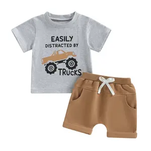 Toddler Baby Boy Two Piece Outfit Short Sleeve Trucks Letter Print T Shirt Tops Elastic Waist Shorts with Pockets Summer Clothes