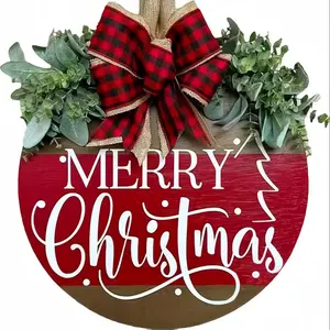 Merry Christmas Wreath Door Hanger for Front Door, Wooden Welcome Wreath Sign with Bow, Holiday Rustic Farmhouse Outdoor Wall Window Decor