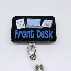 Front Desk Black Glitter Acrylic Retractable Badge ID Reel Belt or Alligator Clip retractable clip