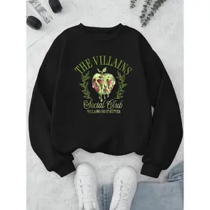 Women's Villains Graphic Print Crew Neck Long Sleeve Fashion Sweatshirt - Soft Cotton Fitted Pullover, Trendy Halloween Outfit, Casual Streetwear Polyester Round Neck Womenswear Top