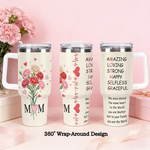 1PC Best Mother's Day Gift, Mom Tumbler with Handle, 40oz Personalized Mother’s Day Gift, Insulated Travel Mug with Straw, Birthday Gift for Mom Grandma, 360° Wrap Design, Unique Mom Birthday Gift,Floral Heartbeat Travel Mug, Meaningful Gifts for Her
