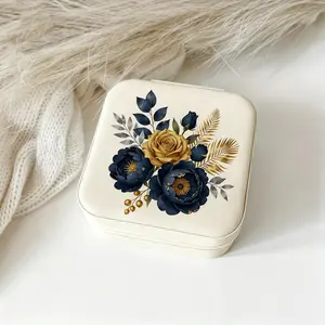 Navy Blue & Gold Floral Jewelry Box, 10x10x5cm Mini Portable Travel Jewelry Organizer, Elegant Peony Flower Print Small PU Leather Storage Case for Rings Earrings Necklaces, Gifts for Women Girls