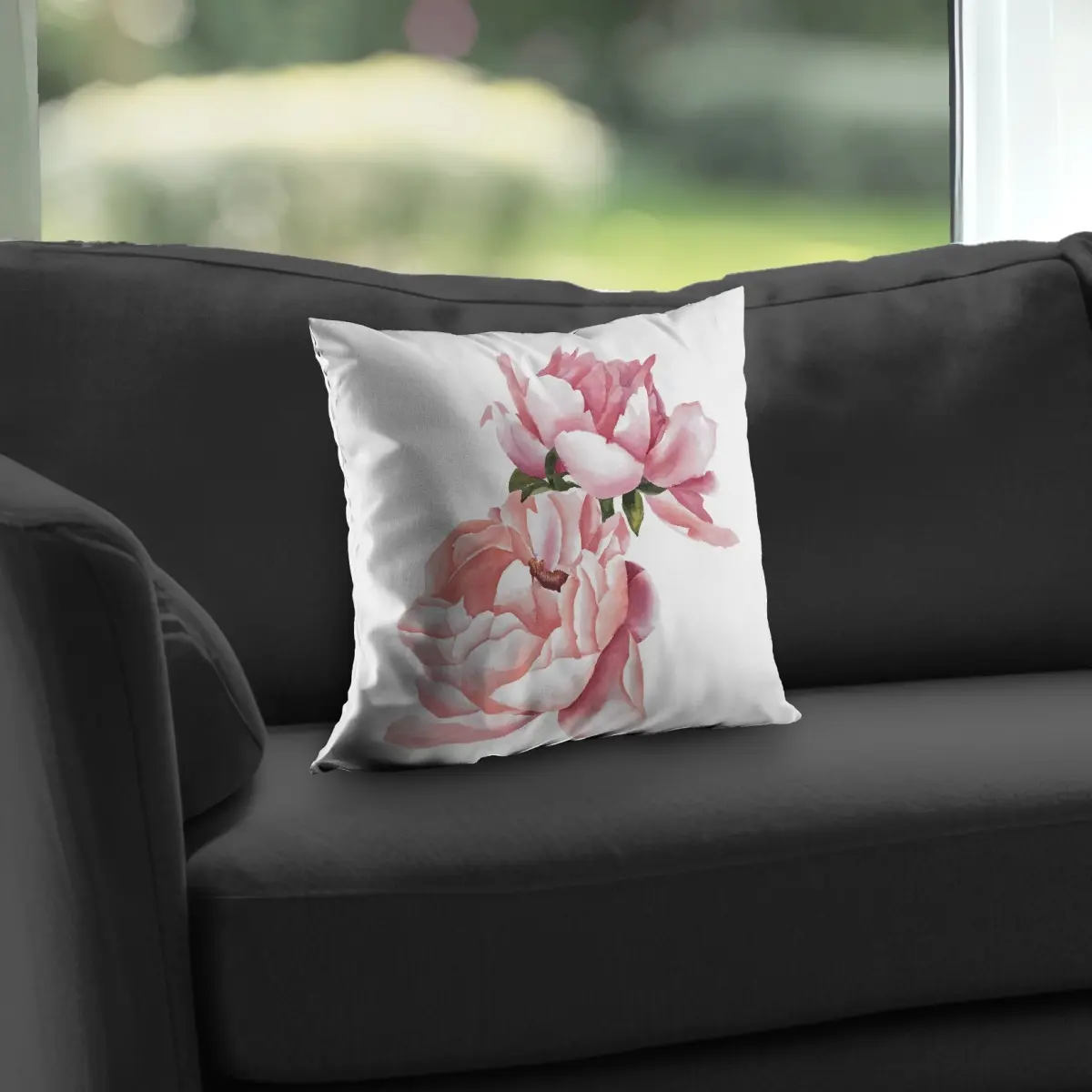 360 Stand 14x14 in Poly Twill Square Cushion - Floral Motif with 2 Pink Watercolor Print Roses, Romantic Soft Cushions for Home Textiles & Soft Furnishings Decor, Watercolour Standard Pillows, Fabric Cushion, Floral Sofa Cushion